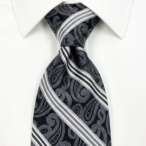 Pronto Uomo Silk Tie Black Grey Silver Paisley Striped Hand Made Textured